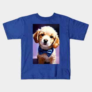Adorable Fluffy Puppy with Cute Blue Bowtie Pet Portrait Kids T-Shirt